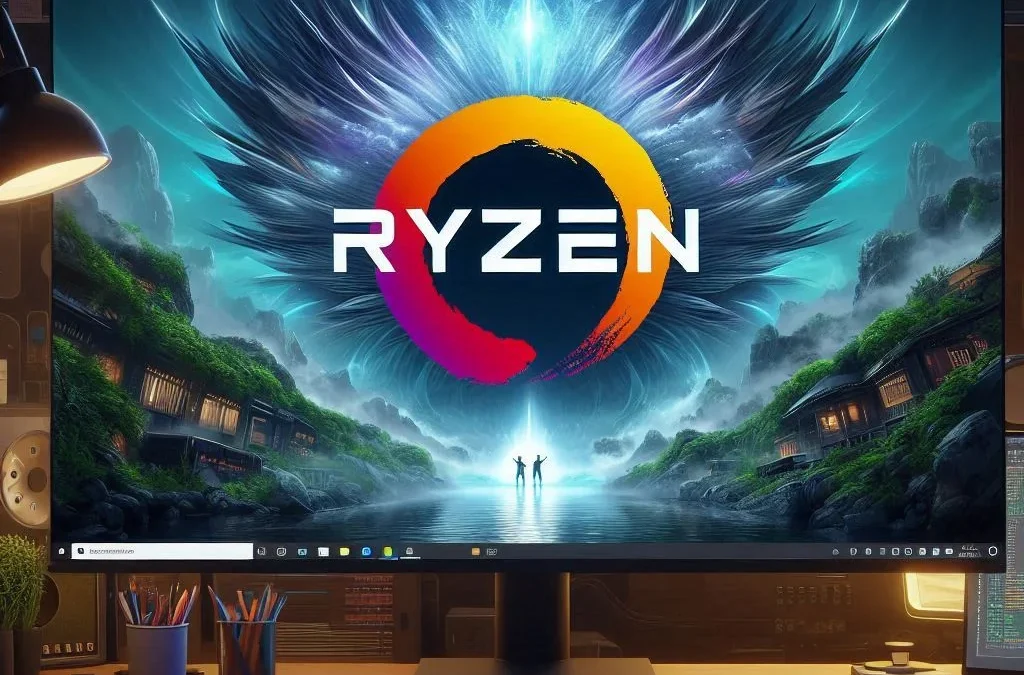 Illustration montrant un processeur AMD avec technologie 3D V-Cache entouré d'icônes de jeux vidéo