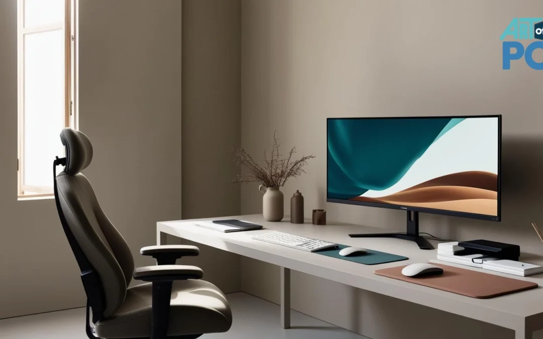 Illustration d'un bureau ergonomique avec différents types d'écrans et leurs avantages pour le confort et la productivité