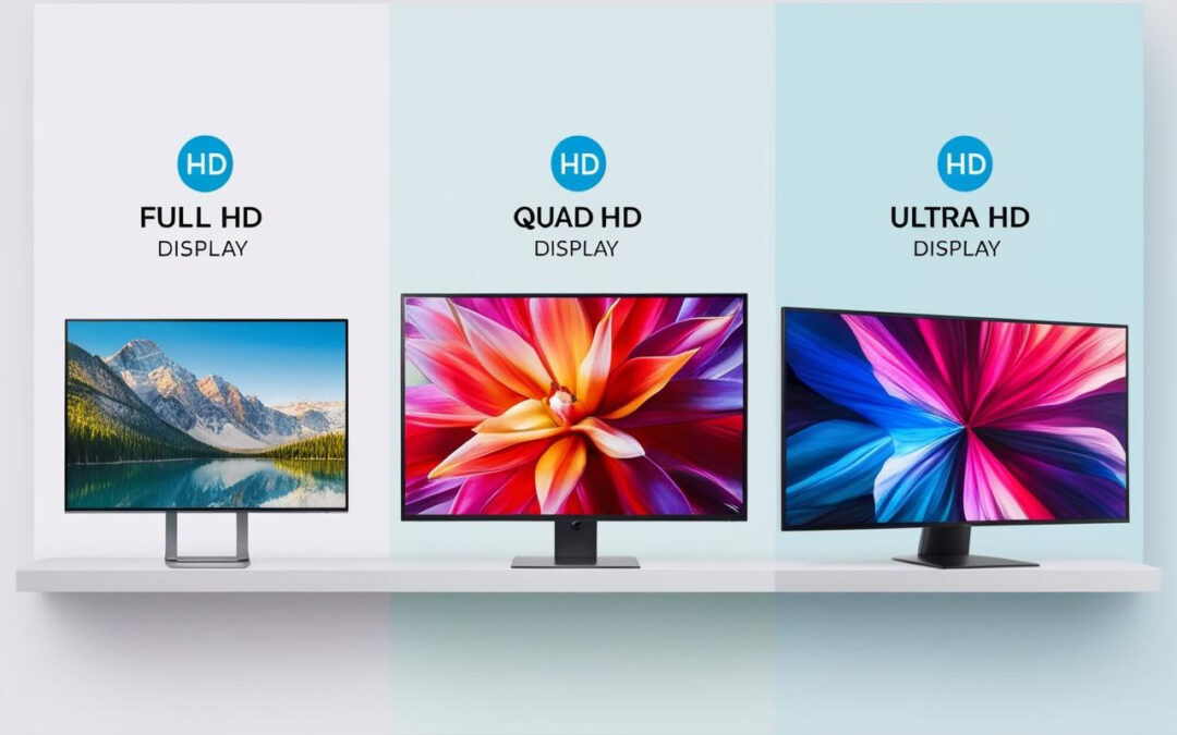 Comparaison visuelle des résolutions Full HD, Quad HD et Ultra HD sur trois écrans d'ordinateur