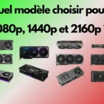 Comparaison de cartes graphiques pour les définitions1080p, 1440p et 2160p, montrant différents modèles de GPU adaptés à chaque résolution.