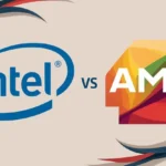 Logos d'Intel et AMD côte à côte, représentant la concurrence entre les deux fabricants de processeurs pour PC.