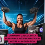 Un passionné de hardware tenant deux alimentations PC dans un environnement futuriste, entouré de composants informatiques comme une carte mère, un boîtier et un ventirad.