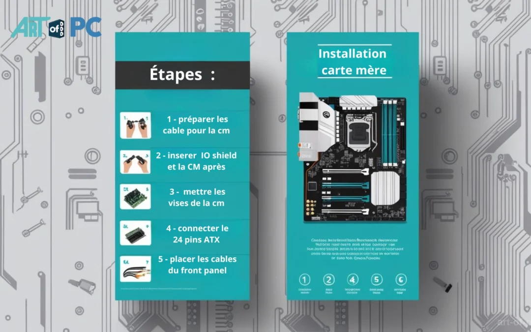 Schéma illustrant les étapes d'installation d'une carte mère dans un boîtier PC