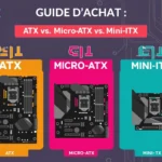 Guide d'achat : carte mère ATX, micro-ATX ou mini-ITX ? Comparaison visuelle des formats de cartes mères ATX, micro-ATX et mini-ITX avec leurs caractéristiques principales