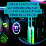 Guide Complet : Installation d'un Watercooling AIO Pour Débutants dans le Montage PC Intérieur d’un PC gaming avec watercooling AIO RGB Thermaltake, RAM lumineuse et ventilateurs colorés, accompagné du texte « Installation d’un watercooling AIO : guide étape par étape pour débutants »