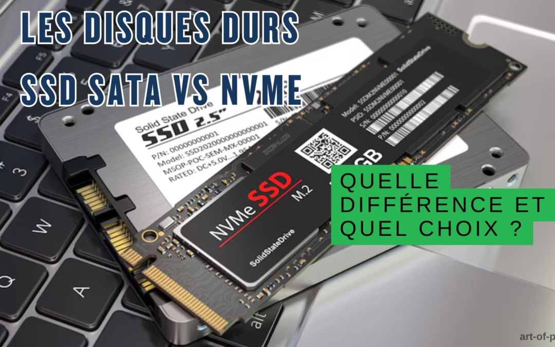 Comparaison entre un SSD SATA 2,5 pouces et un SSD NVMe M.2 posés sur un clavier d’ordinateur portable.