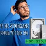 Homme pensif devant un fond bleu, à côté d’illustrations de disques durs HDD, SSD et NVMe.