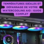 Températures idéales et dépannage de votre watercooling aio : guide complet Intérieur d’un PC gamer équipé d’un watercooling AIO RGB, avec un affichage numérique de température et le texte « Températures idéales et dépannage de votre watercooling AIO : guide complet » en surimpression.