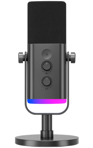 Microphone dynamique Fifine AM8 sur socle, éclairé par un projecteur violet, mis en avant comme accessoire idéal pour le streaming et le podcast.