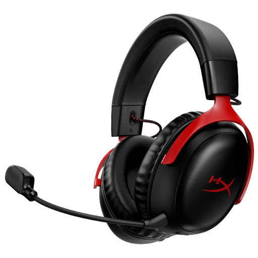 Casque-micro gaming sans fil HyperX Cloud III Wireless noir et rouge, avec micro amovible, présenté sur socle au centre d’une scène enfumée, encart turquoise vantant ses qualités pour le streaming.
