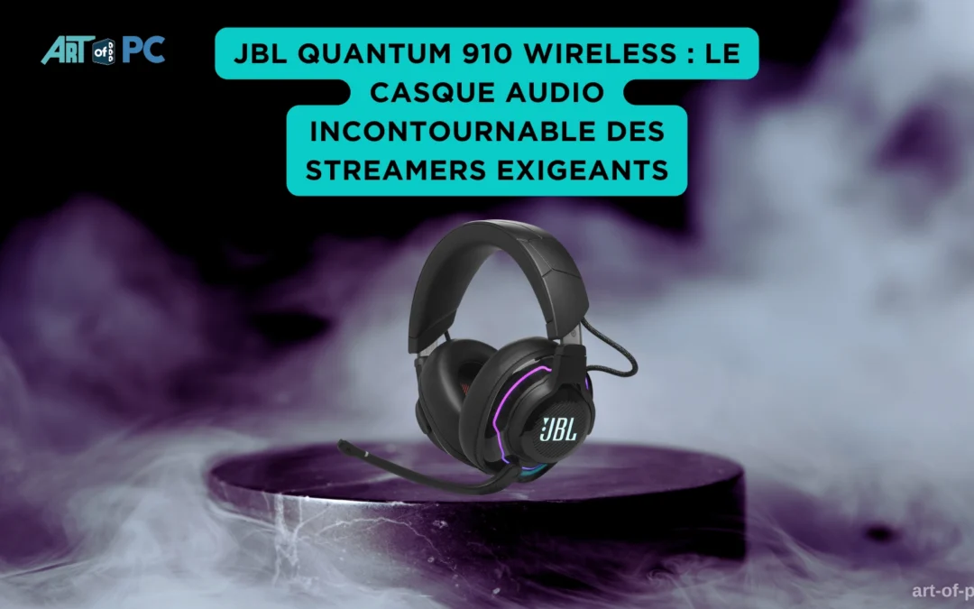 Casque-micro gaming sans fil JBL Quantum 910 Wireless noir, éclairage RGB et micro amovible, posé sur socle avec fond enfumé violet et encart turquoise mettant en avant ses qualités pour les streamers exigeants.