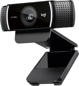 Webcam Logitech C922 Pro noire, objectif central HD 1080p, montée sur un support articulé pour écran d’ordinateur.
