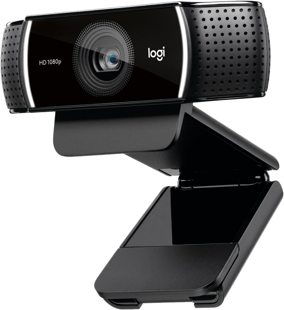 Webcam Logitech C922 Pro noire, objectif central HD 1080p, montée sur un support articulé pour écran d’ordinateur.