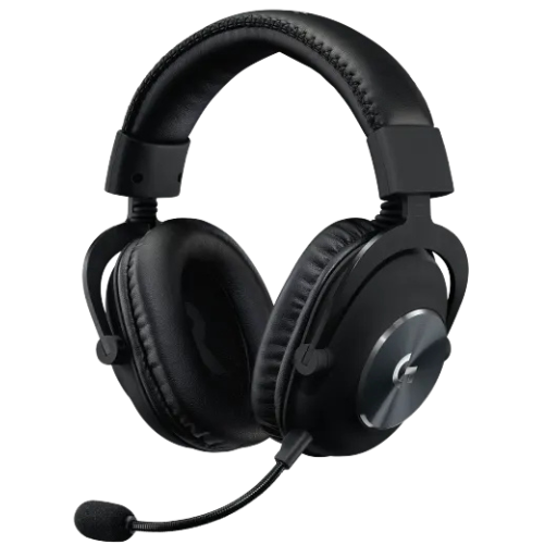 Casque-micro gaming Logitech G Pro X noir, avec micro amovible, posé sur socle au centre d’une scène brumeuse, encart turquoise vantant ses performances pour le streaming et le gaming.