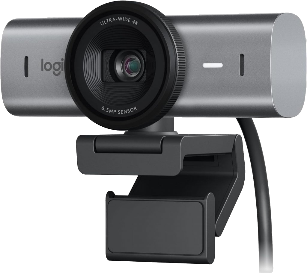 Webcam Logitech MX Brio Ultra-Wide 4K avec capteur 8,5MP montée sur écran, finition métal gris, câble USB visible sur le côté.
