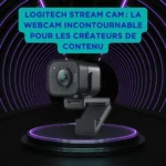 Logitech Stream Cam : la webcam incontournable pour les créateurs de contenu Webcam Logitech StreamCam noire posée sur un socle lumineux, entourée de néons violets dans un tunnel futuriste, avec texte promotionnel pour créateurs de contenu, proposé par art-of-pc.fr