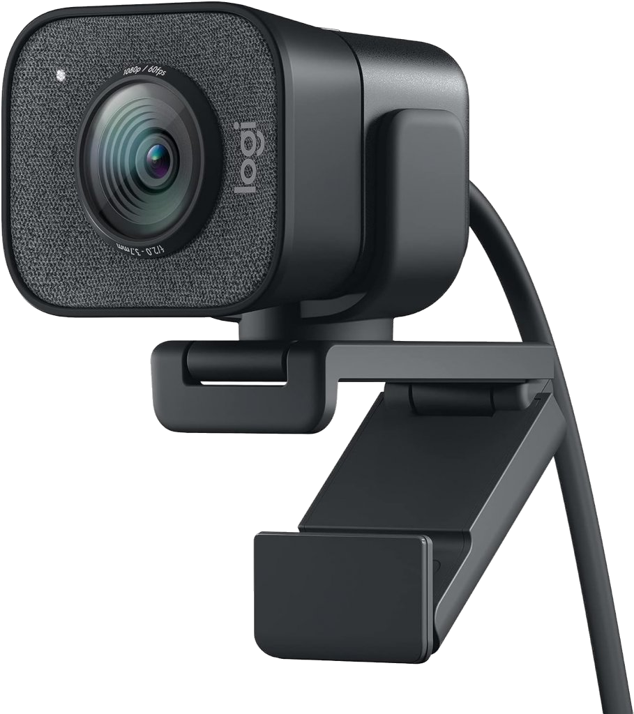 Webcam Logitech StreamCam noire, montée sur un support articulé avec câble USB apparent, objectif large entouré de tissu gris.