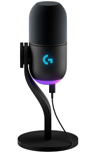Microphone USB Logitech G Yeti GX noir posé sur socle, éclairage LED violet et logo G lumineux, conçu pour le streaming et le gaming.