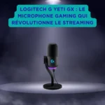 Logitech G Yeti GX : le microphone gaming qui révolutionne le streaming Microphone Logitech G Yeti GX noir mis en avant sur un socle, éclairé par un projecteur dans une ambiance de fumée, sous un encart bleu mentionnant ses qualités révolutionnaires pour le streaming gaming.