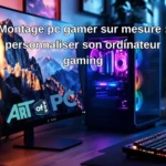 Montage pc gamer sur mesure : personnaliser son ordinateur gaming avec Art of PC Setup PC gamer haut de gamme avec boîtier transparent RGB, clavier mécanique, grand écran incurvé affichant des montagnes, ambiance colorée bleue et violette.