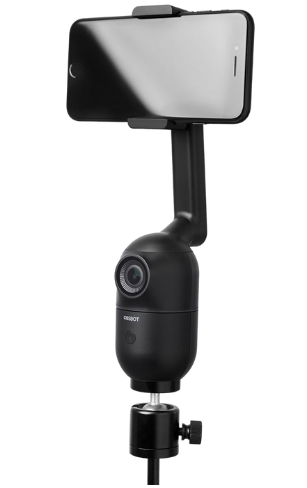Support de smartphone OBSBOT Me noir doté d’une caméra intelligente à suivi automatique, smartphone fixé sur le dessus, idéal pour la création de contenu vidéo.