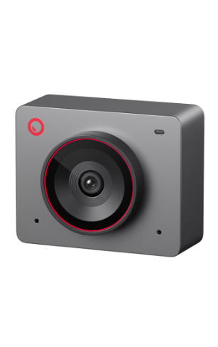 Caméra OBSBOT Meet 2 transparente au design carré et moderne, objectif large au centre cerclé de rouge, posée sur fond blanc, idéale pour le streaming et la visioconférence.