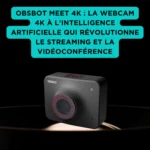 Webcam 4K OBSBOT Meet 4K noire à intelligence artificielle, posée sur un socle, mise en avant sur fond noir avec encart turquoise présentant ses avantages pour le streaming et la visioconférence.