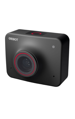 Caméra OBSBOT Meet 4K transparente au design carré et moderne, objectif large au centre cerclé de rouge, posée sur fond blanc, idéale pour le streaming et la visioconférence.