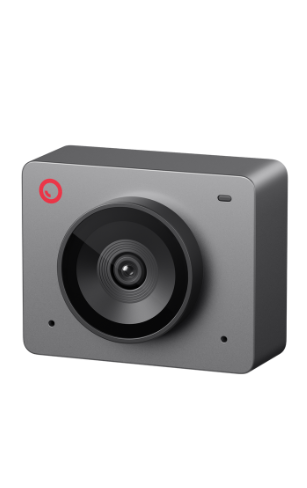 Caméra OBSBOT Meet SE au design carré et moderne, finition grise, objectif large cerclé de noir avec un marquage rouge discret, posée sur fond blanc, idéale pour streamers et visioconférences.