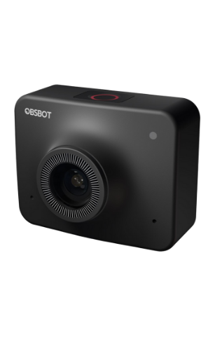 Caméra OBSBOT noire compacte au design moderne, objectif large cerclé d’un motif texturé, posée sur fond blanc, idéale pour le streaming et la visioconférence.