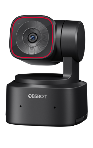 Caméra OBSBOT Tiny 2 Lite PTZ noire compacte sur socle motorisé, objectif proéminent cerclé de rouge, posée sur fond blanc, parfaite pour le streaming et la visioconférence.