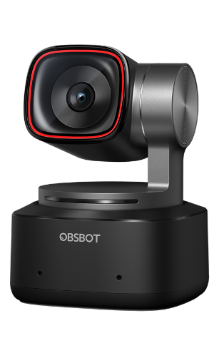 Caméra OBSBOT Tiny 2 transparente motorisée PTZ au design compact, socle noir et objectif cerclé de rouge, posée sur fond blanc, idéale pour le streaming et la visioconférence.