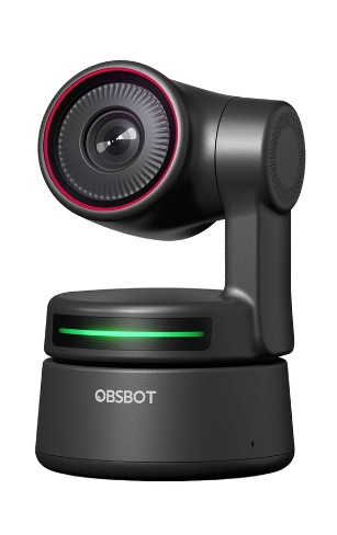 Caméra OBSBOT Tiny 4K transparente à tête motorisée PTZ, objectif cerclé de rouge, socle noir, idéale pour le streaming et la visioconférence.