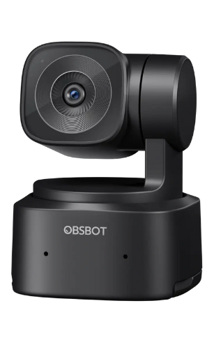 Caméra OBSBOT Tiny SE transparente à tête motorisée, posée sur un socle noir, design moderne, idéale pour le streaming et les visioconférences sur fond blanc.