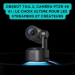 Caméra OBSBOT Tail 2 noire motorisée PTZ 4K à intelligence artificielle, posée sur socle éclairé, mise en avant sur fond noir, encart turquoise présentant ses capacités pour le streaming et la création vidéo.