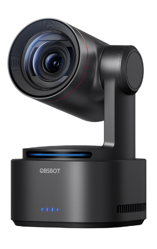 Caméra OBSBOT Tail 2 transparente motorisée PTZ 4K à intelligence artificielle, posée sur un socle noir, design moderne idéal pour le streaming et la création vidéo sur fond blanc.