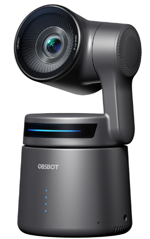 Caméra OBSBOT Tail Air PTZ noire motorisée 4K à intelligence artificielle, posée sur un socle aux reflets lumineux, fond noir avec encart turquoise présentant ses atouts pour le streaming et la création de contenu.