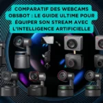 Comparatif de webcams OBSBOT et caméras PTZ motorisées à intelligence artificielle, mises en scène sur fond de lentille, avec un encart turquoise résumant le guide pour streamers et créateurs de contenu.