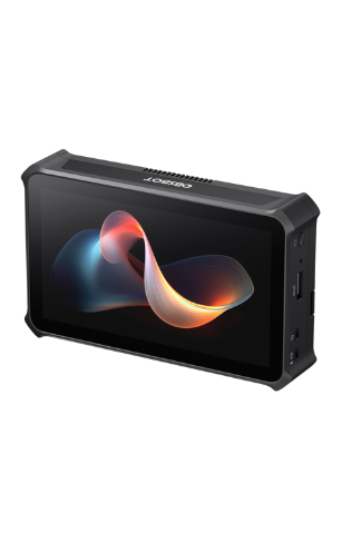Moniteur de contrôle vidéo OBSBOT Talent avec écran tactile couleur, affichant des graphismes lumineux abstraits, boîtier noir robuste, vu en perspective sur fond blanc.