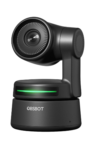 Caméra OBSBOT Tiny noire compacte à tête motorisée PTZ, posée sur un socle, objectif proéminent et halo lumineux vert, idéale pour le streaming et la visioconférence.