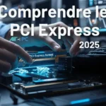 Personne installant un SSD NVMe PCI Express sur une carte mère moderne dans un environnement technologique, avec graphiques de performance à l’écran.