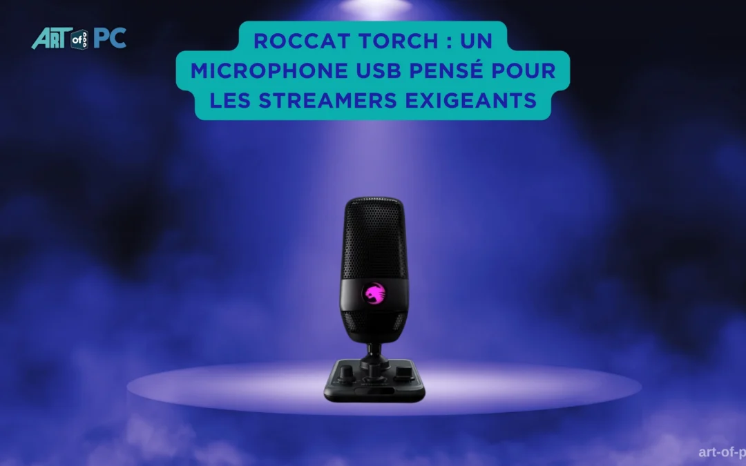 Microphone USB Roccat Torch posé sur un socle, éclairé au centre d’une scène violette, encadré par de la fumée et un encart turquoise indiquant qu’il est conçu pour les streamers exigeants.