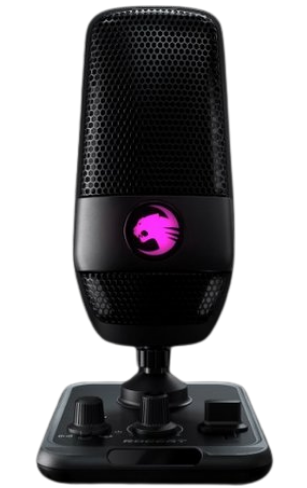 Microphone USB Roccat Torch posé sur un socle, éclairé au centre d’une scène violette, encadré par de la fumée et un encart turquoise indiquant qu’il est conçu pour les streamers exigeants.