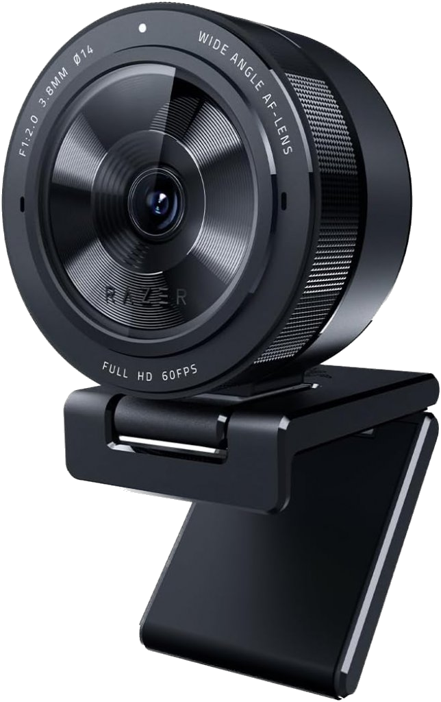 Webcam Razer Kiyo Pro en métal noir, objectif large avec monture ajustable, conçue pour le streaming et la visioconférence en Full HD 60fps, présenté par art of pc.