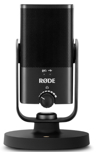 Microphone USB Rode NT-USB Mini noir, monté sur un socle circulaire, affichant une grille fine, une molette centrale et le logo RØDE, destiné à l’enregistrement et au streaming audio sur PC.