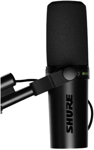 Microphone dynamique Shure SM7dB monté sur bras articulé, corps noir, bonnette mousse épaisse et logo Shure visible, destiné au streaming, podcast et enregistrement studio.