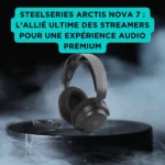 Casque-micro gaming sans fil SteelSeries Arctis Nova 7 noir, posé sur socle au centre d’une scène enfumée, encart turquoise vantant son expérience audio premium pour les streamers.