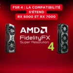 Visuel AMD FidelityFX Super Resolution 4 : compatibilité étendue aux cartes graphiques Radeon RX 6000 et RX 7000 sur fond rouge