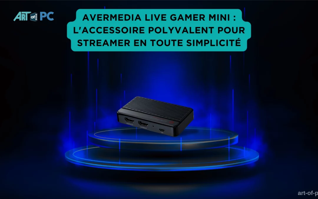 Carte d’acquisition AVerMedia Live Gamer Mini sur socle lumineux bleu, solution polyvalente pour streaming.