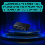 AVerMedia Live Gamer Mini : l'accessoire polyvalent pour streamer en toute simplicité Carte d’acquisition AVerMedia Live Gamer Mini sur socle lumineux bleu, solution polyvalente pour streaming.